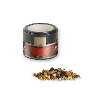 Bio Kräutertee Vierjahreszeiten in schwarzer Mini Metalldose mit Sichtfenster und Werbebanderole