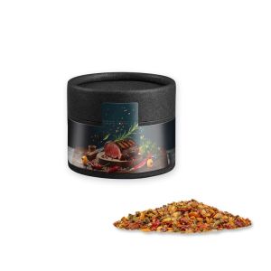 Steak Pfeffer in Kraftpapierdose Mini schwarz mit Werbebanderole