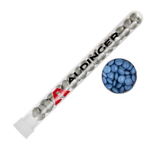 16 g blaue Schoko-Linsen im Reagenzglas mit Tampondruck