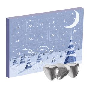 Mini Adventskalender Schoko-Herzen in Silberglasur mit Werbedruck