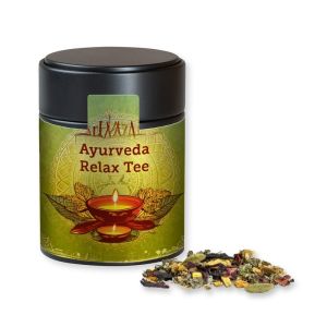 Ayurveda Relax-Tee in schwarzer Midi Metalldose mit Werbebanderole