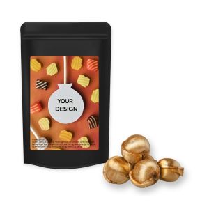 Goldnüsse Bonbons im Midi Standbeutel schwarz mit Werbeetikett