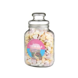 Nostalgisches Bonbonglas befüllt mit Fruchtherzen und einem Werbeetikett