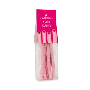 100 g rosa-pinke Konfektstangen im Standbeutel mit Werbereiter