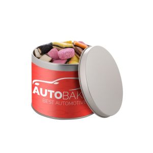 0,6 l silberne Metalldose befüllt mit Englische Lakritze und mit Banderole