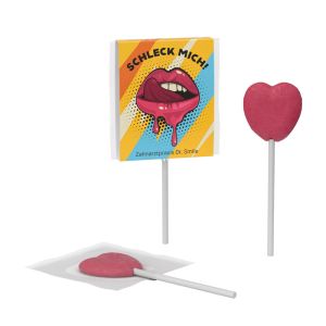Lolly in Herzform in einer Kartonhülle mit Werbedruck