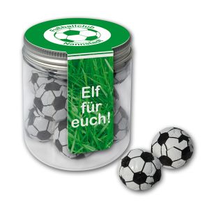 Schokoladenfußbälle in einer Midi-Dose mit einem individuellen Flügeletikett