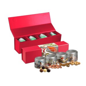 225 g Knusper Weihnachts-Geschenkset Premium rot mit 4 Metalldosen und Werbedruck
