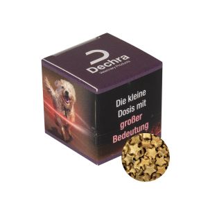Werbewürfel mit Schoko-Goldsternchen und Werbedruck
