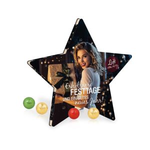 Adventskalender Stern mit Fairtrade Schokolade und Rundum-Werbedruck