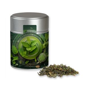 Bio Grüner Tee mit Minze in silbener Midi Metalldose mit Werbebanderole