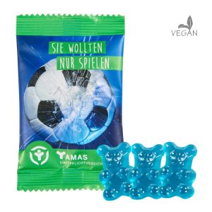 15 g vegane blaue Gummibärchen (Cassis) im Werbetütchen mit Werbedruck