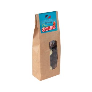 Niederländische Schokoladen-Kruidnoten in Kraftpapiertüte mit Werbeetikett