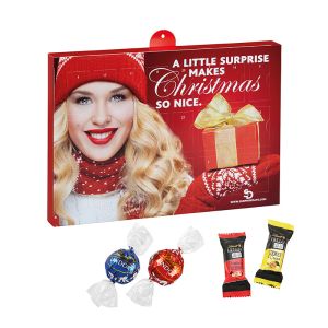 Adventskalender mit Lindt Lindor und Hello Mini Stick-Mix und mit Werbedruck