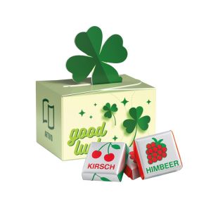Fruchtkaramelle in Geschenkbox Kleeblatt und Werbedruck