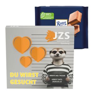 Ritter SPORT Nugat Schokolade in einer Präsentbox mit einer 3D-Herz-Ausstanzung und Werbedruck