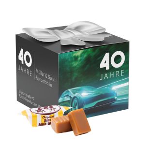 Original Sahne Muh-Muhs Toffees in Geschenkbox Schleife und Werbedruck