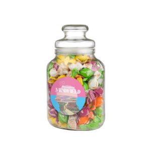 Nostalgisches Bonbonglas befüllt mit Napoleon Fruchtmix und einem Werbeetikett