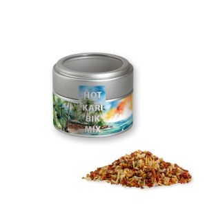 Gewürzmischung HOT Karibik Mix in silbener Mini Metalldose mit Sichtfenster und Werbebanderole