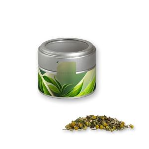 Bio Kräutertee Kräuterfantasie in silbener Mini Metalldose mit Sichtfenster und Werbebanderole