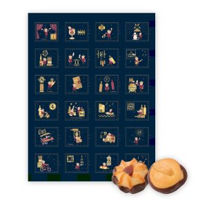 Premium Adventskalender befüllt mit 300 g Gebäckmischung und Rundum-Werbedruck
