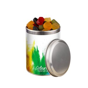 Fruchtgummi in silberner Runddose mit Werbebanderole
