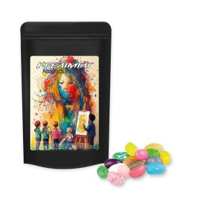 Jelly Beans süß-Mix im Midi Standbeutel schwarz mit Werbeetikett