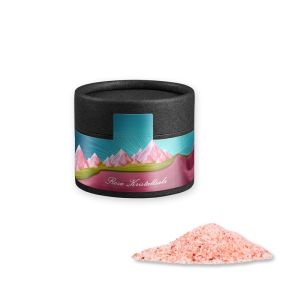 Rosa Kristallsalz in Kraftpapierdose Mini schwarz mit Werbebanderole