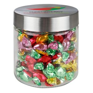 0,9 l Glastiegel befüllt mit Metalic sweets und Werbedruck