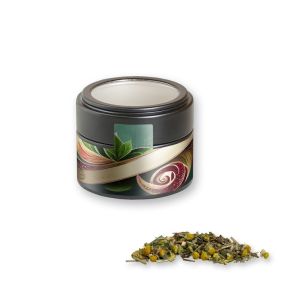 Bio Kräutertee Kräuterfantasie in schwarzer Mini Metalldose mit Sichtfenster und Werbebanderole