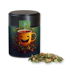 Bio Kräutertee Glücksgefühle in schwarzer Midi Metalldose mit Werbebanderole