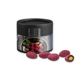 Zartbitter-Himbeer Mandeln in Kraftpapierdose Mini schwarz mit Werbebanderole