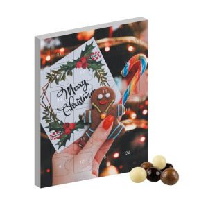 Mini Adventskalender im Hochformat befüllt mit Knusperkugeln-Mix und Werbedruck