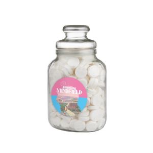 Nostalgisches Bonbonglas befüllt mit Wilhelmina Pfefferminz und einem Werbeetikett