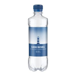 500 ml natürliches Mineralwasser naturell in Bone-Flasche mit Werbeetikett