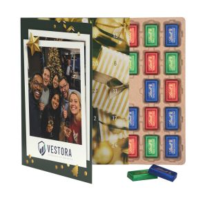 Premium Tisch-Adventskalender Flip Cover Hochformat mit Lindt Schokoladentäfelchen und Papier-Inlay