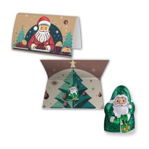 Mini Schoko-Weihnachtsmänner vegan in gefalteter Werbekarte mit Werbedruck
