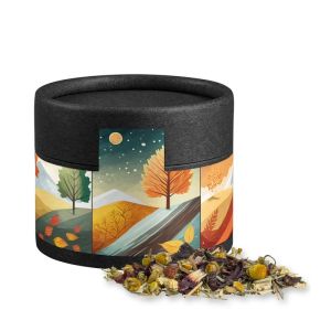 Bio Kräutertee Vierjahreszeiten in Kraftpapierdose Mini schwarz mit Werbebanderole
