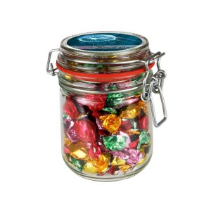 0,4 l Weckglas befüllt mit Metalic sweets und mit Werbeetikett