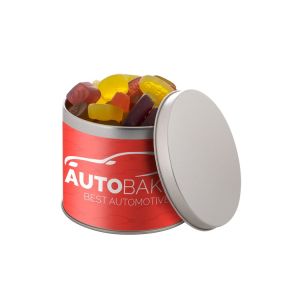 0,6 l silberne Metalldose befüllt mit Fruchtgummi und mit Banderole