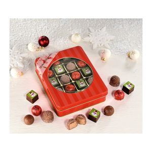 Präsent 250 g Pralinen- und Trüffelmischung Edle Mischung in roter Metalldose mit Sichtfenster