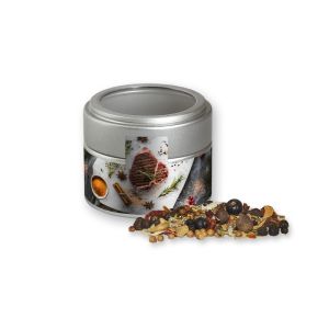 Weihnachts Gewürzmischung Wild in silbener Mini Metalldose mit Sichtfenster und Werbebanderole
