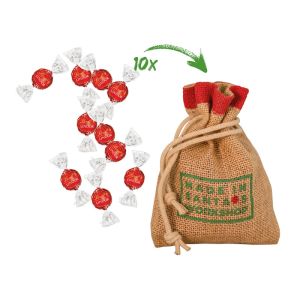 Lindor Vollmich Kugeln im Jute Sack mit Werbeanbringung