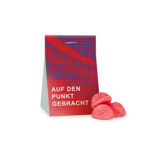 15 g Schaumzucker Erdbeeren im transparenten Standbeutel mit beidseitig bedruckbarem Werbereiter