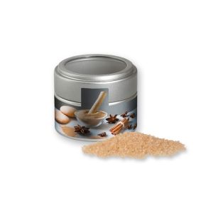 Bio Gewürzmischung Lebkuchen in silbener Mini Metalldose mit Sichtfenster und Werbebanderole