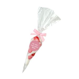 100 g rosa Süßigkeiten-Mix in transparenter Spitztüte mit Clipschleife und Werbeetikett