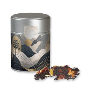 Bio Weihnachts Schwarztee in silbener Midi Metalldose mit Werbebanderole