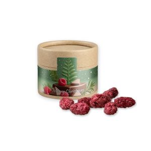 Gebrannte Mandeln Himbeere in Kraftpapierdose Mini mit Werbebanderole