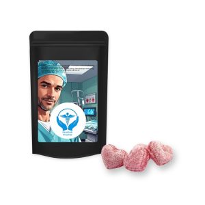 80 g Kirschbonbons mit Magnesium im Midi Standbeutel schwarz mit Werbeetikett