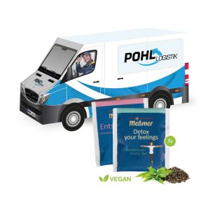 3D Präsent Transporter mit Teebeutel von Meßmer und Werbedruck